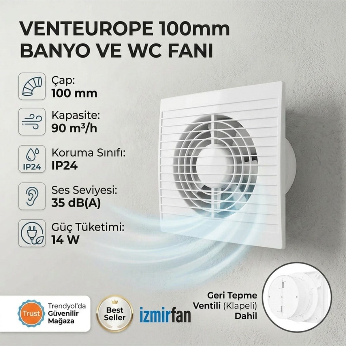VenteuropeRefined 100 Bd 10 Cm Kapaklı Banyo Wc Aspiratör Havalandırma Fanı Sessiz 100 MM
