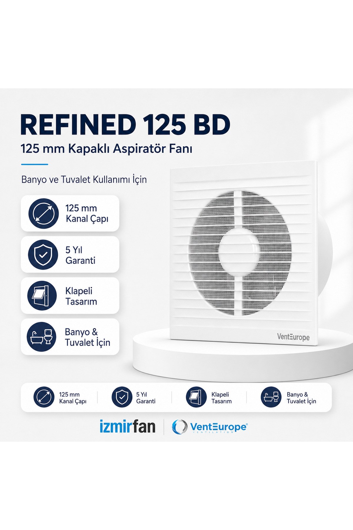 VenteuropeRefined 125 BD 12.5 cm Kapaklı Banyo WC Aspiratör Havalandırma Fanı Sessiz