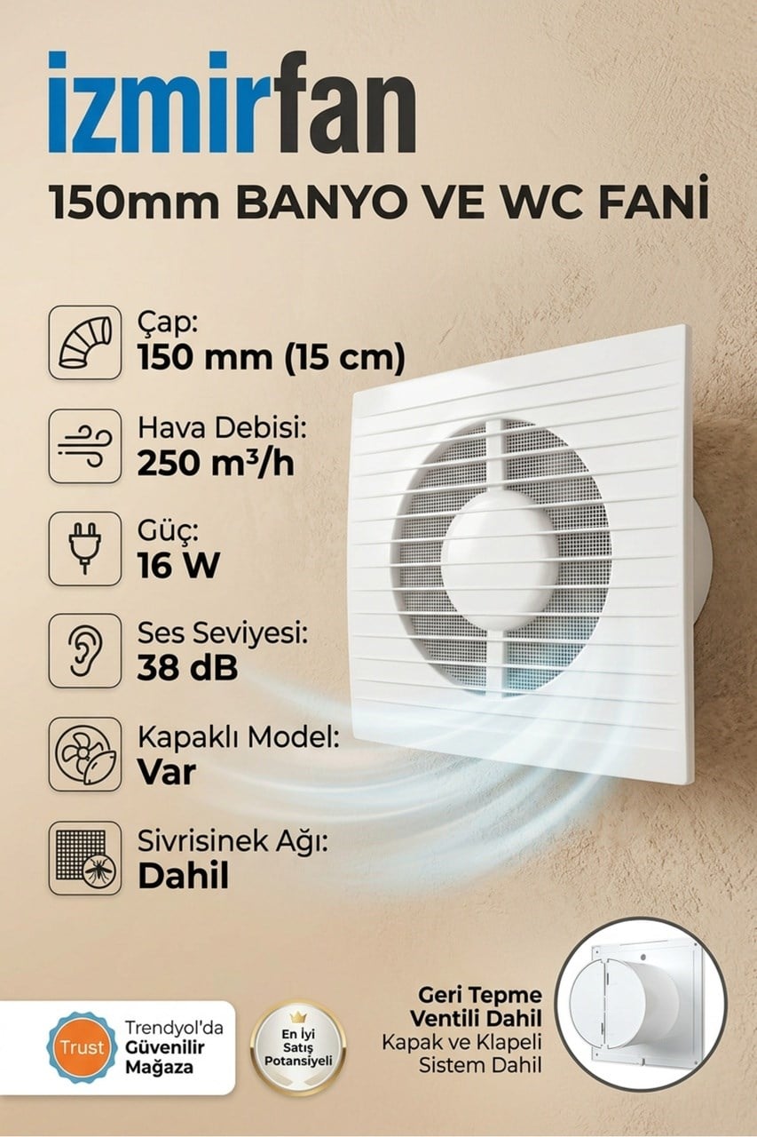 VenteuropeRefined 150 Bd 15 Cm Kapaklı Banyo Wc Aspiratör Havalandırma Fanı Sessiz 150 MM