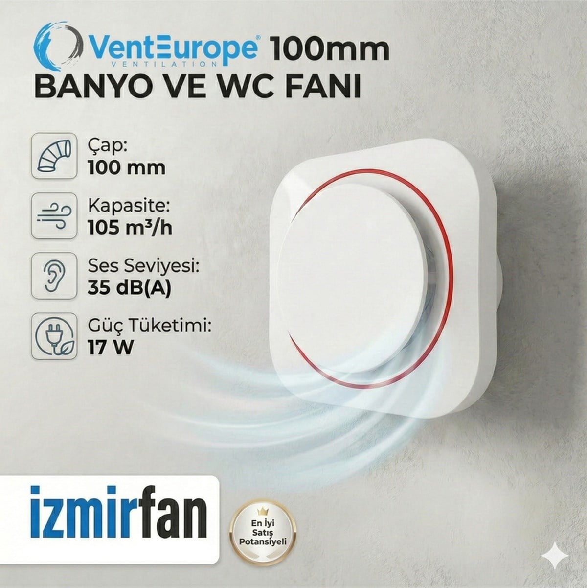 VenteuropeRound 100 Bd 10 Luk Sessiz Yuvarlak Banyo Aspiratörü 100 MM