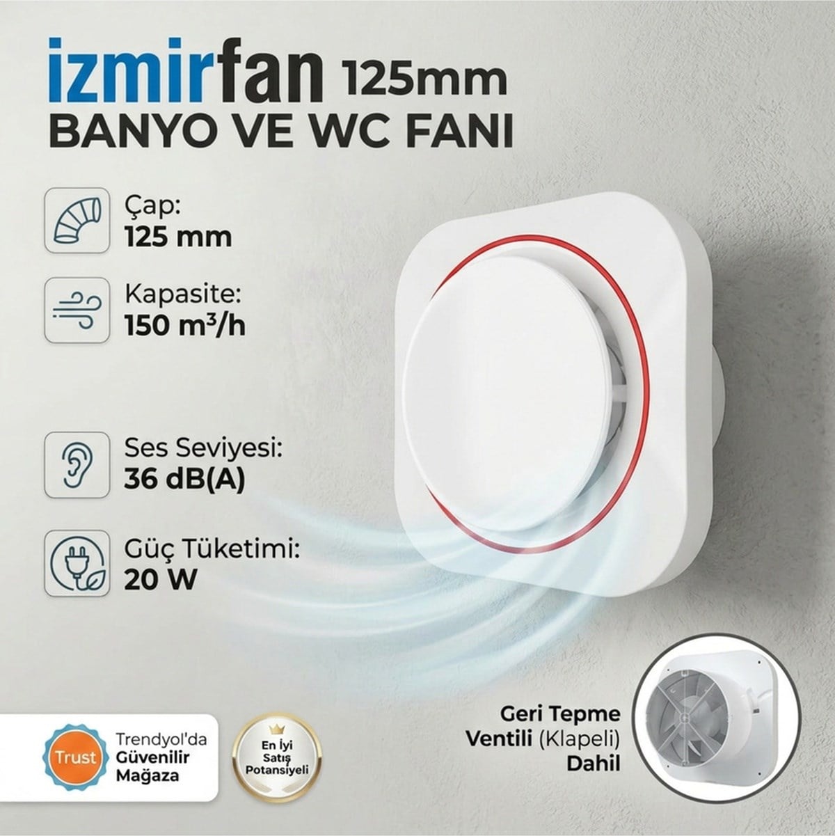 VenteuropeRound 125 Bd 12,5 Luk Sessiz Yuvarlak Banyo Aspiratörü Kapaklı Damperli Havalandırma 125MM