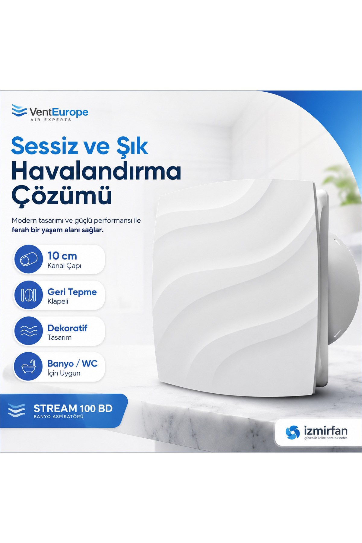 VenteuropeStream 100 BD – 10’luk Sessiz Dekoratif Banyo Aspiratörü – Klapeli Havalandırma Fanı