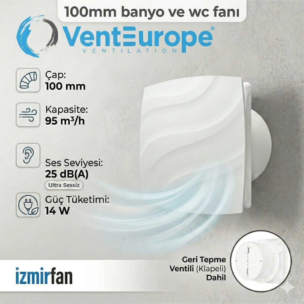 VenteuropeStream 100 Bd 10 Luk Sessiz Dekoratif Banyo Aspiratörü Klapeli Havalandırma Fanı 100 MM