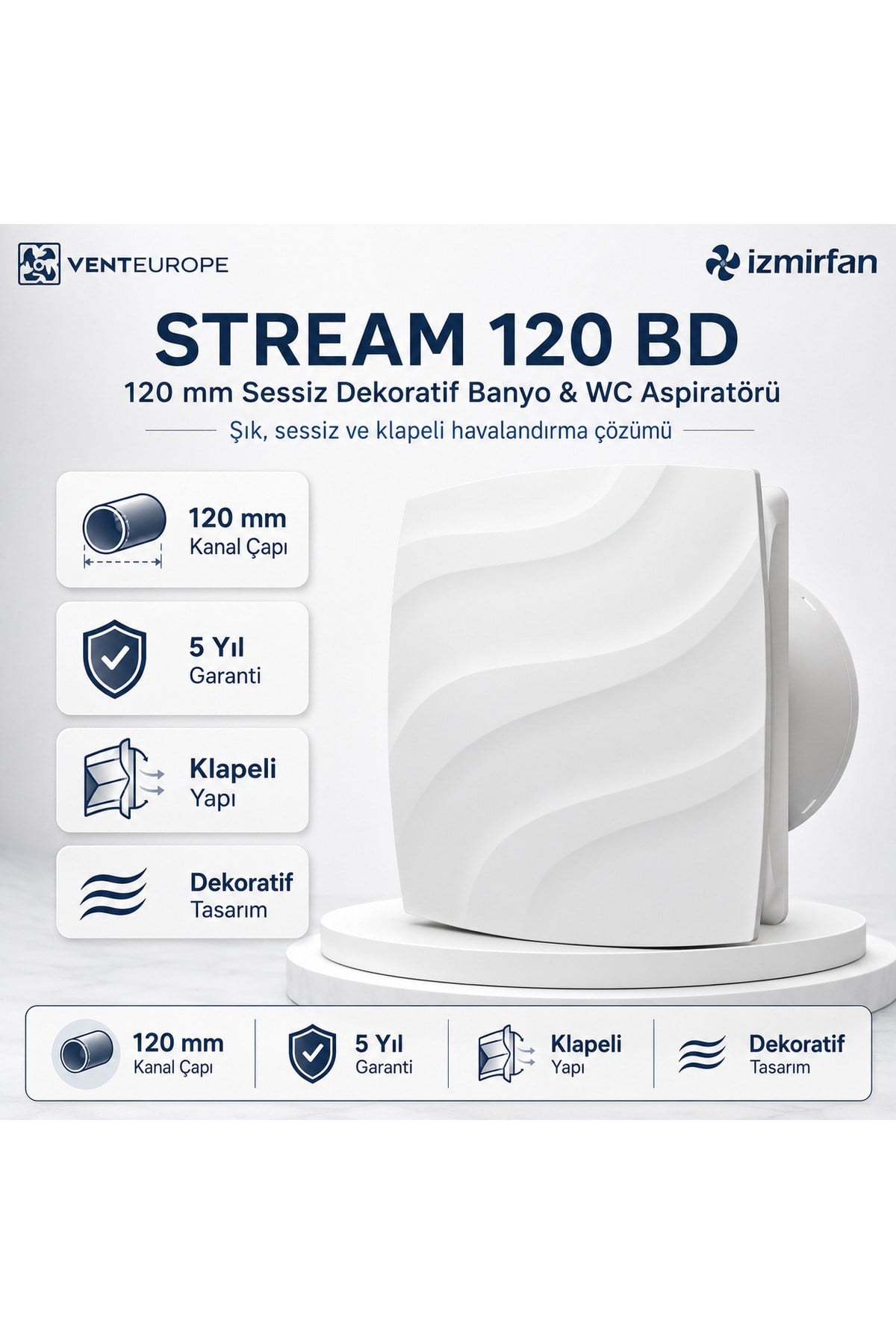 VenteuropeStream 120 BD – 12’lik Sessiz Dekoratif Banyo Aspiratörü – Klapeli 120mm Havalandırma