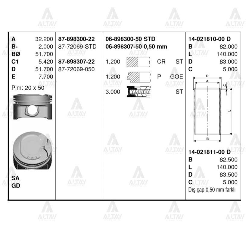 PİSTON SEGMANLI COROLLA 00-06 1.4L VVT-I 4ZZFE 79.00mm 050