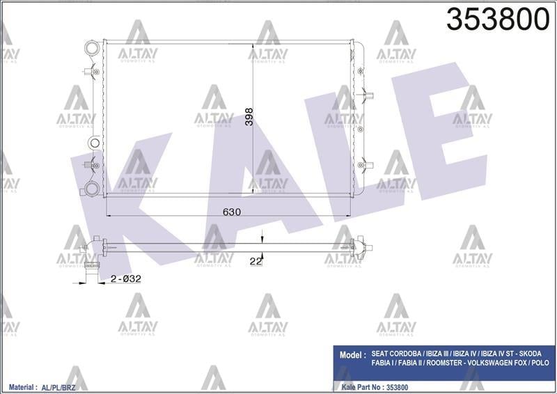 RADYATÖR SU POLO / FABIA / IBIZA / CORDOBA 01-09 BBY-BKY-BUD-BBZ-AMF-BNV-BNM 1.4 TDI-1.4 16V BRAZING