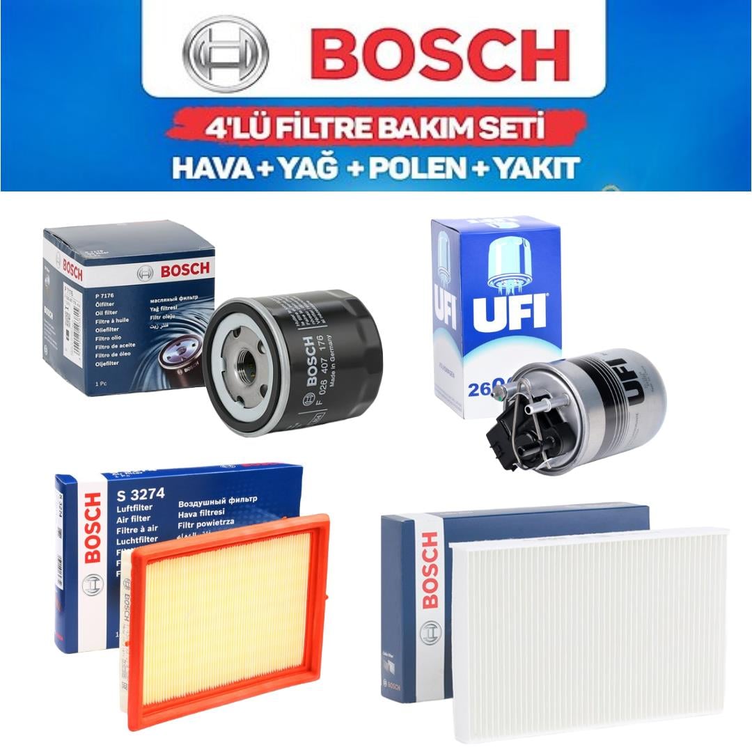 Juke F15 2010-2018 1,5 Dizel K9K - Bosch / Ufi 4'lü Bakım Seti Yağ-Hava-Polen-Mazot Filtresi