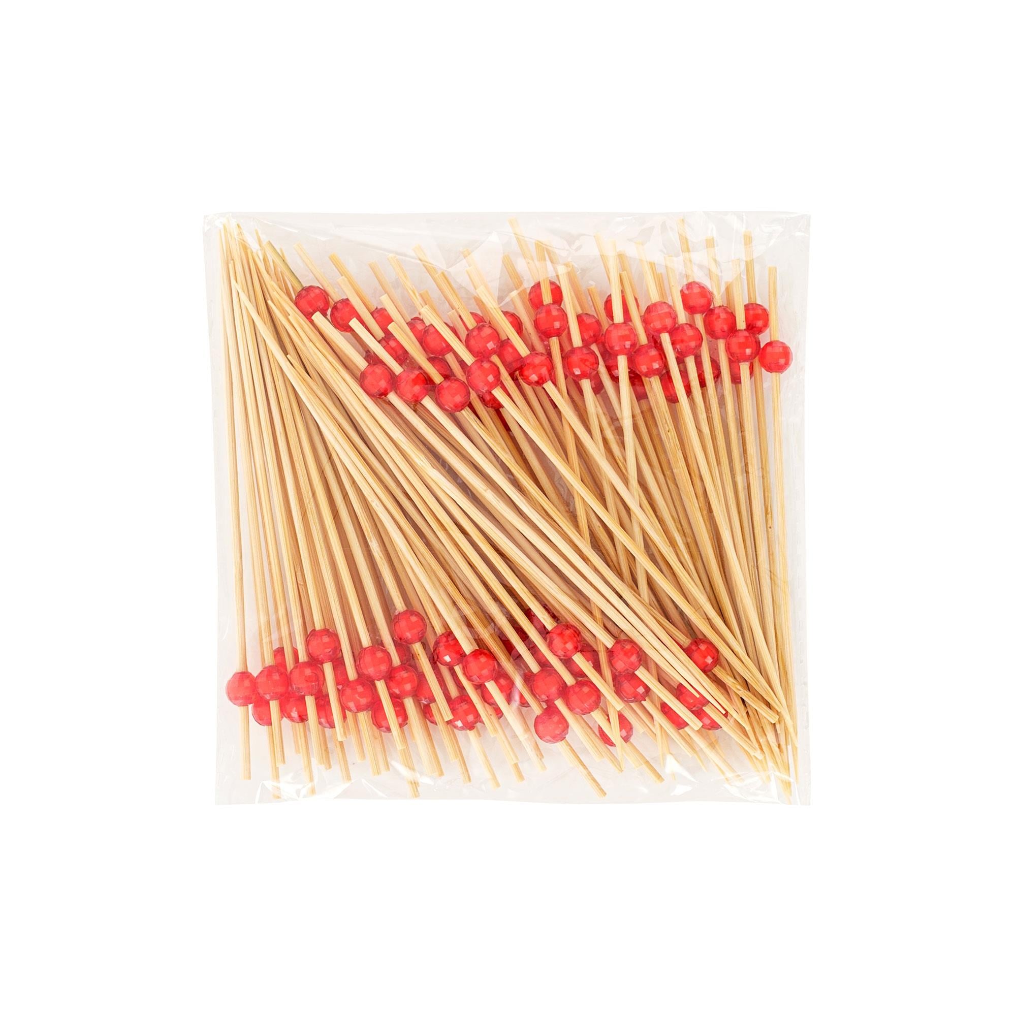 100 Adet Kırmızı Boncuklu Bambu Kürdan, Yiyecek, Kokteyl, Parti Malzemeleri, İçecekler, Mezeler ve Meyve Sunumları İçin 12cm Kürdan 