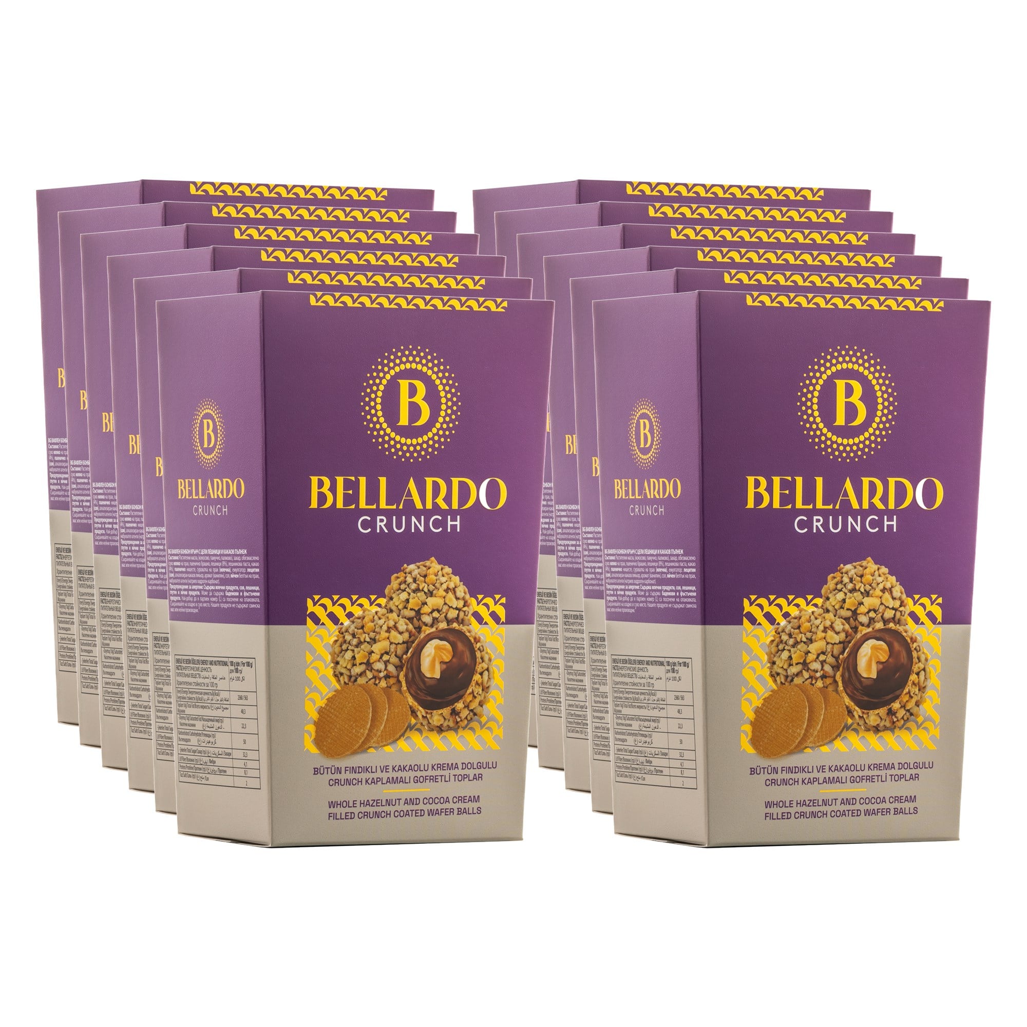 Bellardo Crunch Bütün Fındıklı ve Kakaolu Krema Dolgulu Gofret Topları 150 g x 12 Adet (Koli)