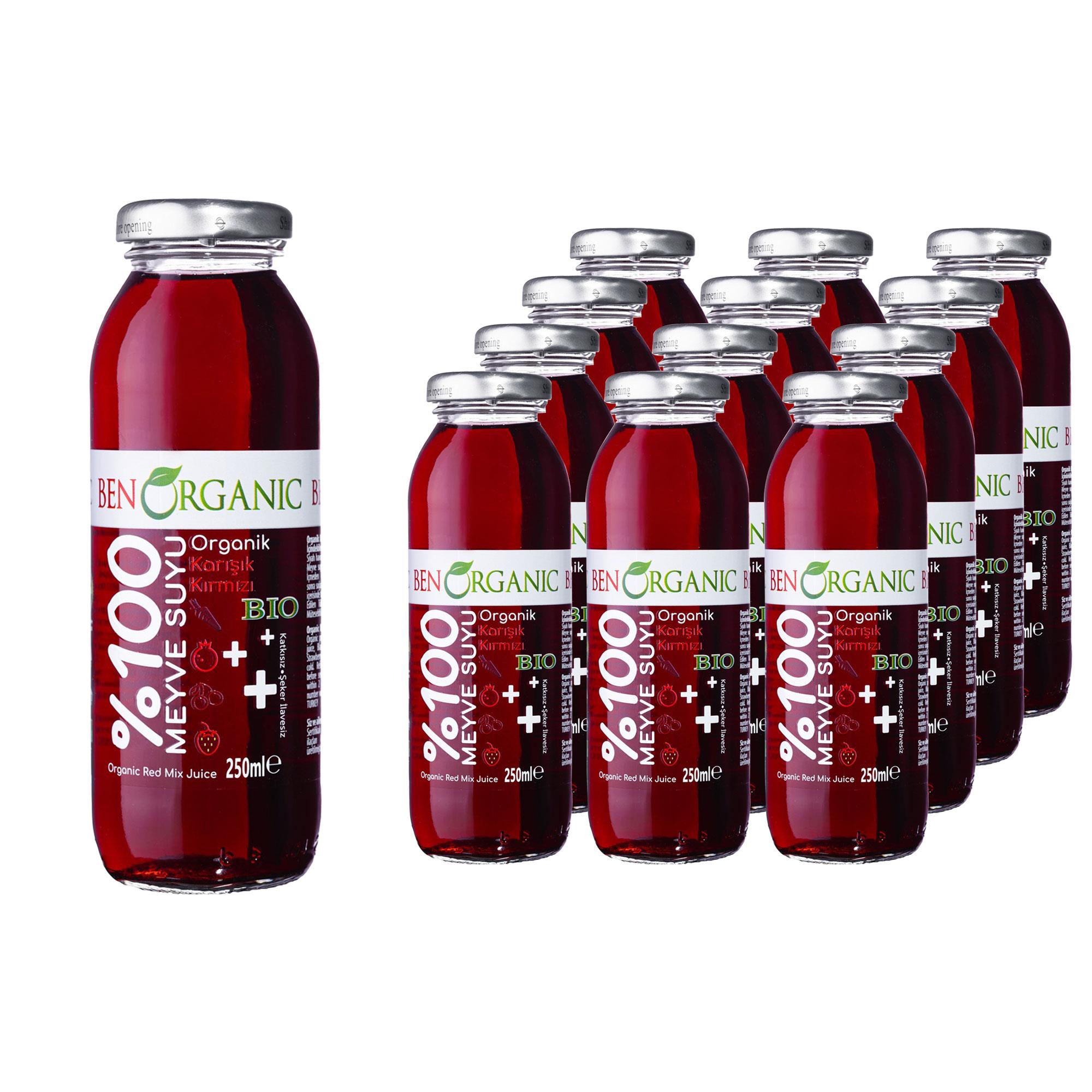 BENORGANIC Organik Karışık Kırmızı Meyve Suyu 250 ml x 12 Adet Cam Şişe