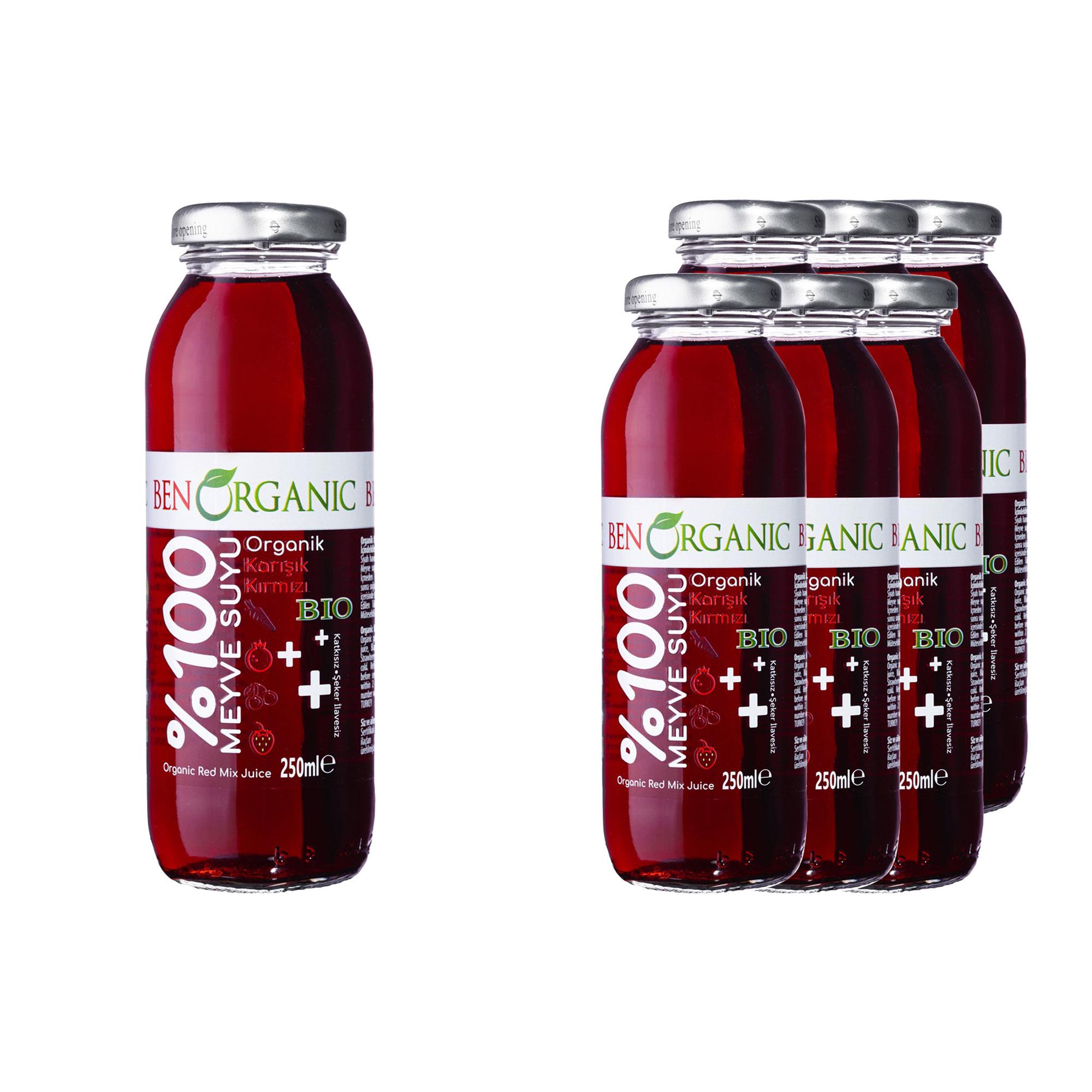 BENORGANIC Organik Karışık Kırmızı Meyve Suyu 250 ml x 6 Adet Cam Şişe