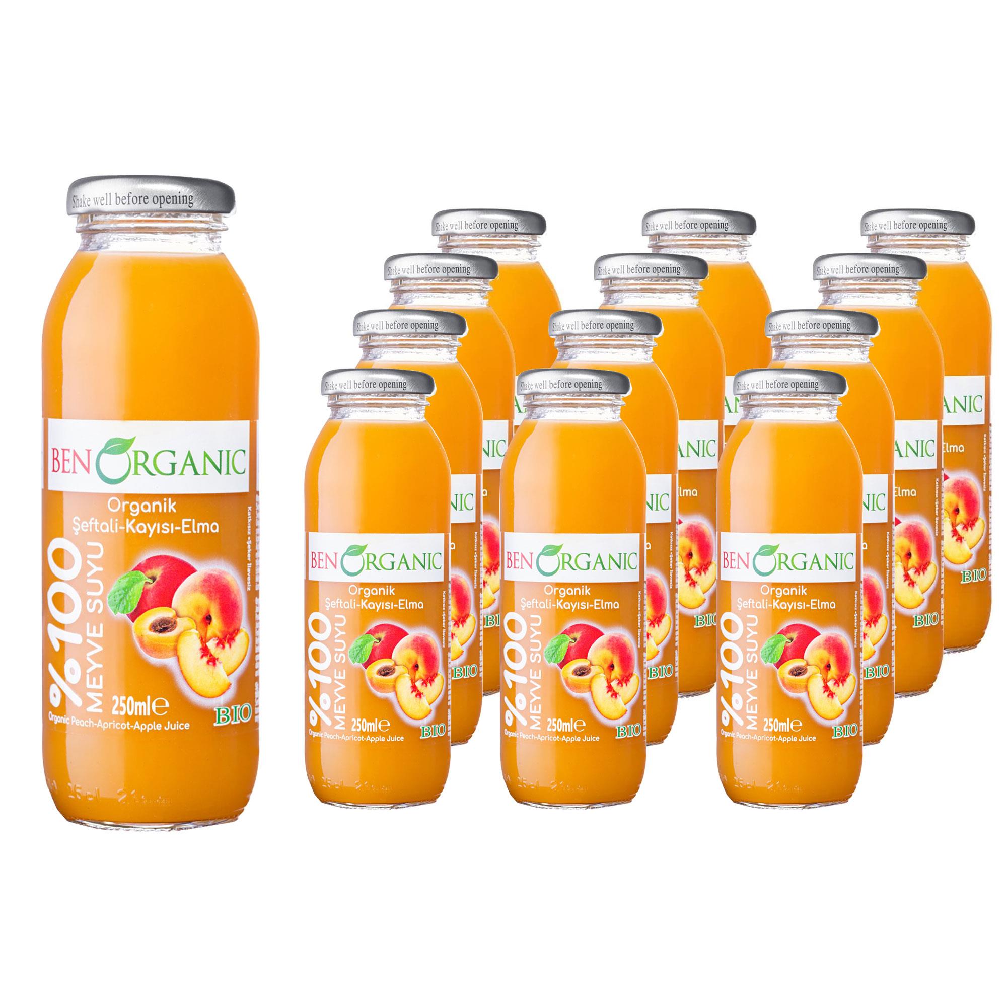 BENORGANIC Organik Kayısı Şeftali Elma Suyu 250 ml x 12 Adet Cam Şişe