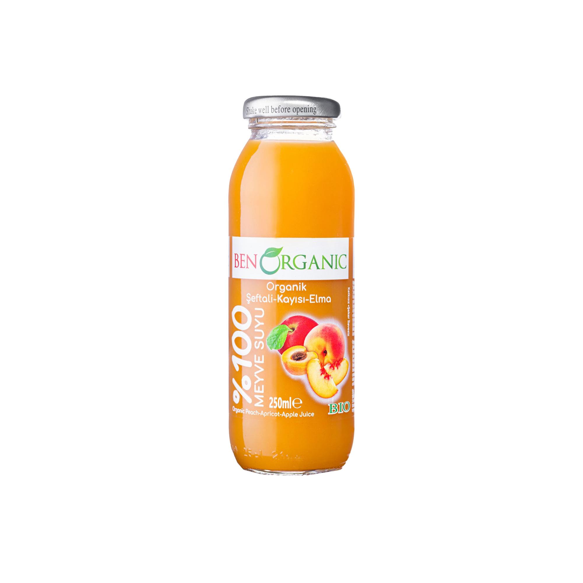 BENORGANIC Organik Kayısı Şeftali Elma Suyu 250 ml Cam Şişe