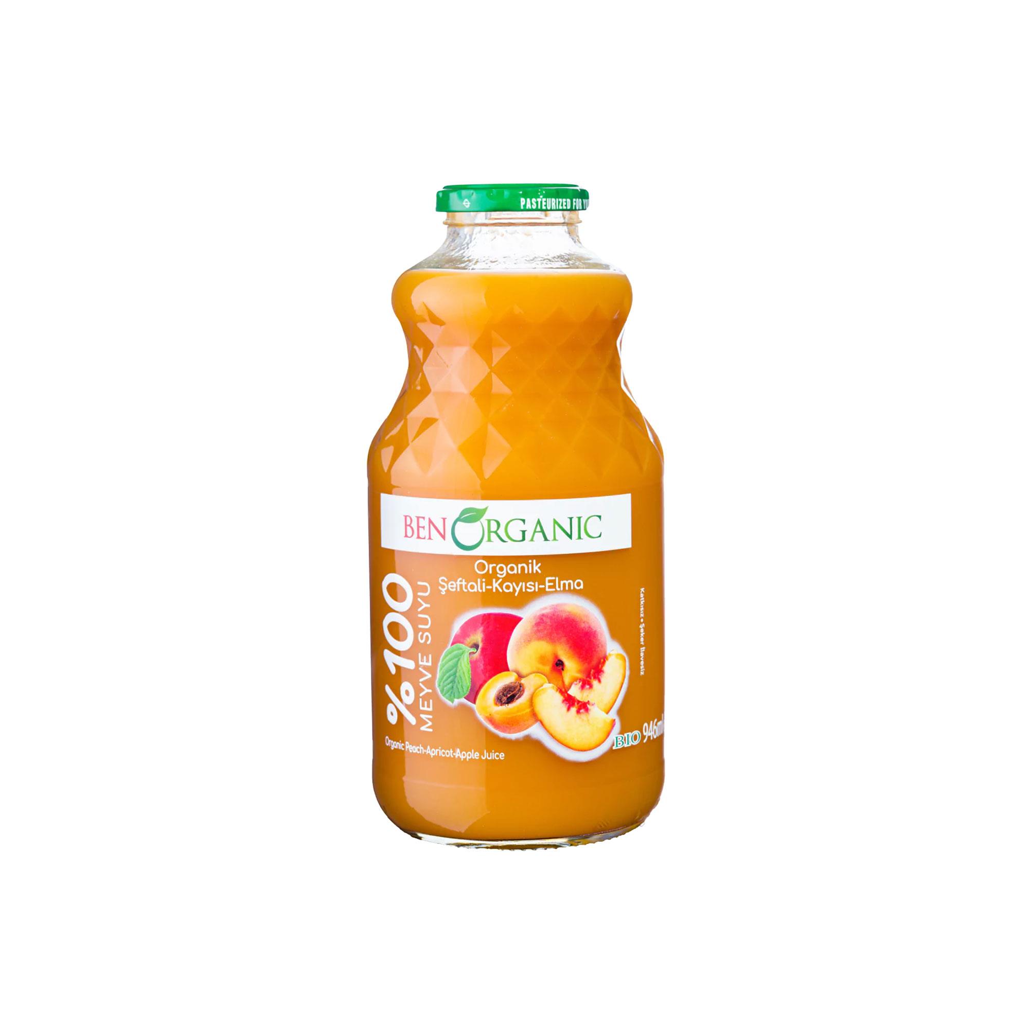 BENORGANIC Organik Şeftali Kayısı Elma Suyu 946 ml Cam Şişe