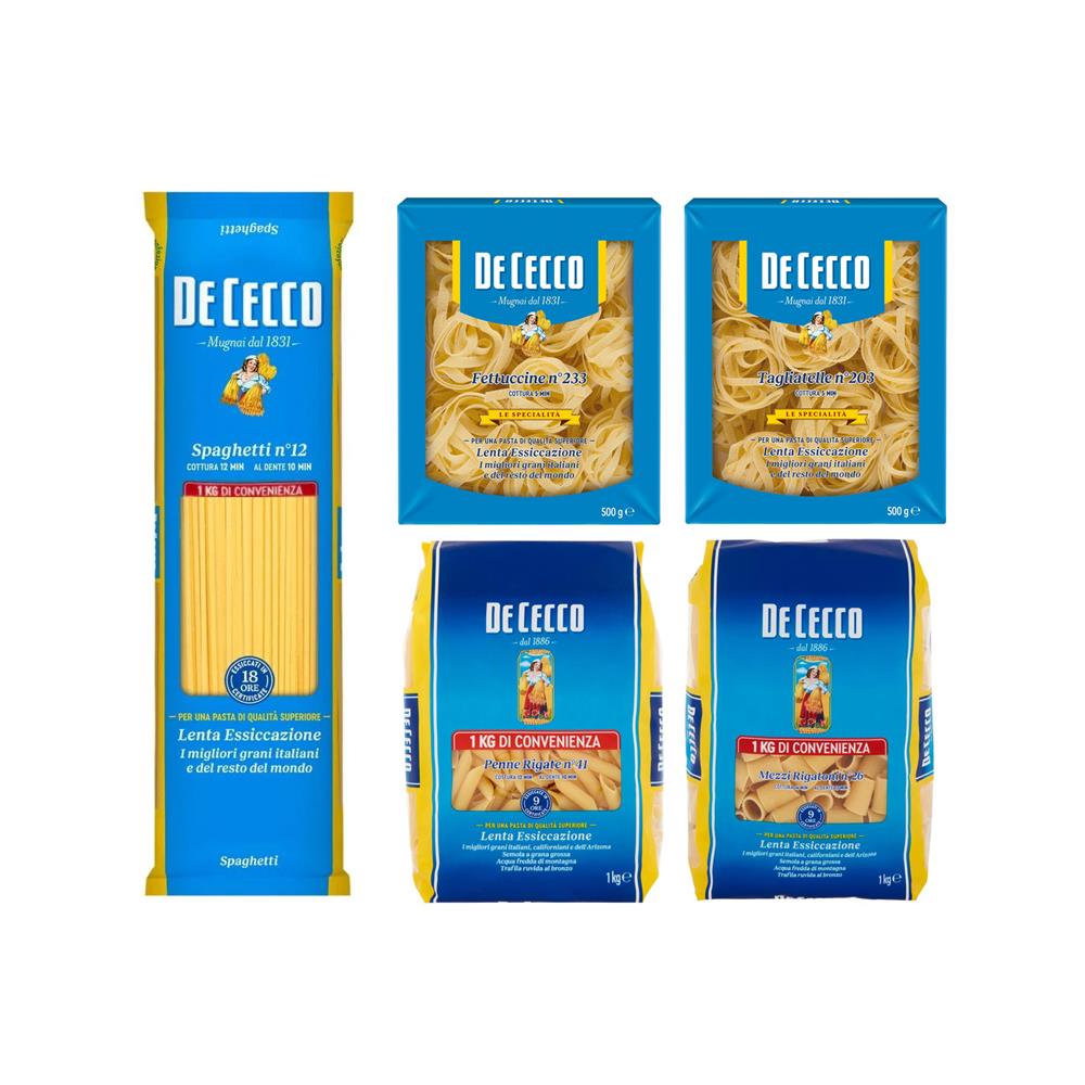 De Cecco Makarna Çeşitleri Deneme Seti 4Kg: Spagetti - Fettucini - Tagliatelli - Rigatoni - Penne Rigate