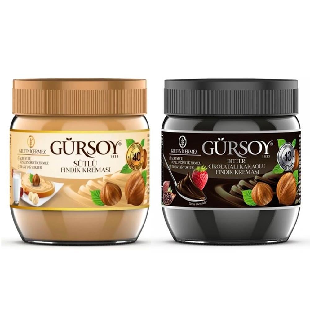 Gürsoy Bitter Çikolatalı Kakaolu Fındık Kreması 400g & Gürsoy Sütlü Fındık Kreması 400g Cam Kavanoz