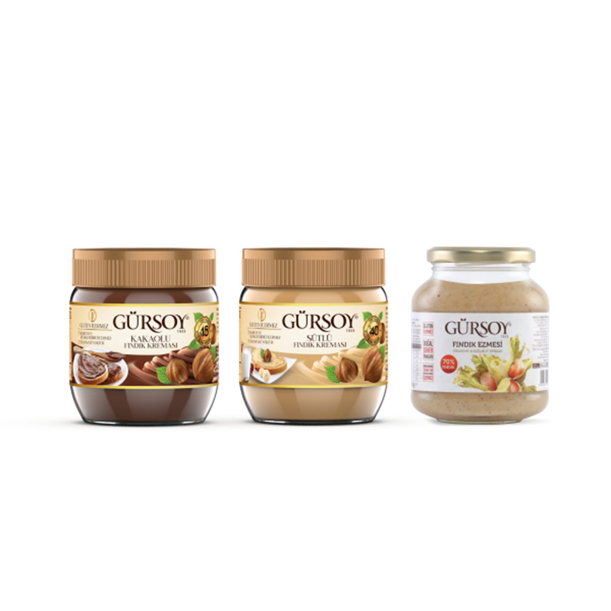Gürsoy Kakaolu Fındık Kreması 400g & Gürsoy Sütlü Fındık Kreması 400g & Gürsoy Fındık Ezmesi 320g