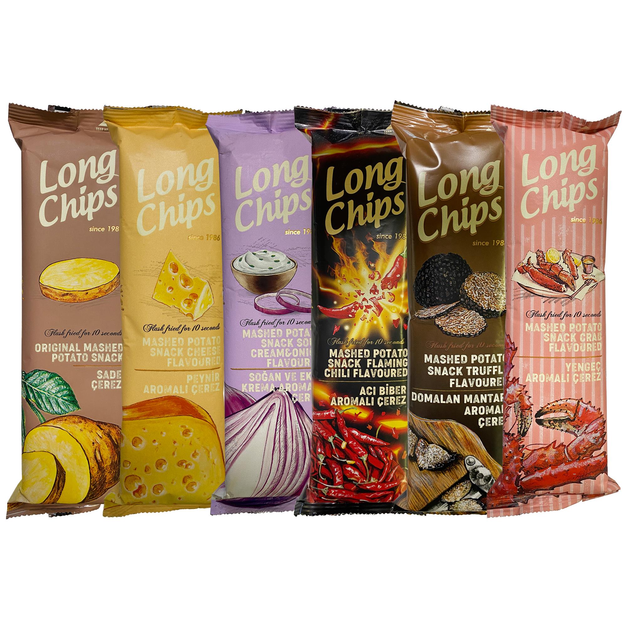 Long Chips Deneme Seti | 6 Çeşit Cips | Sade, Peynirli, Ekşi Kremalı ve Soğanlı, Acı Biberli, Truf Mantarlı ve Yengeç Aromalı Cipsler | 75 g x 6 Çeşit