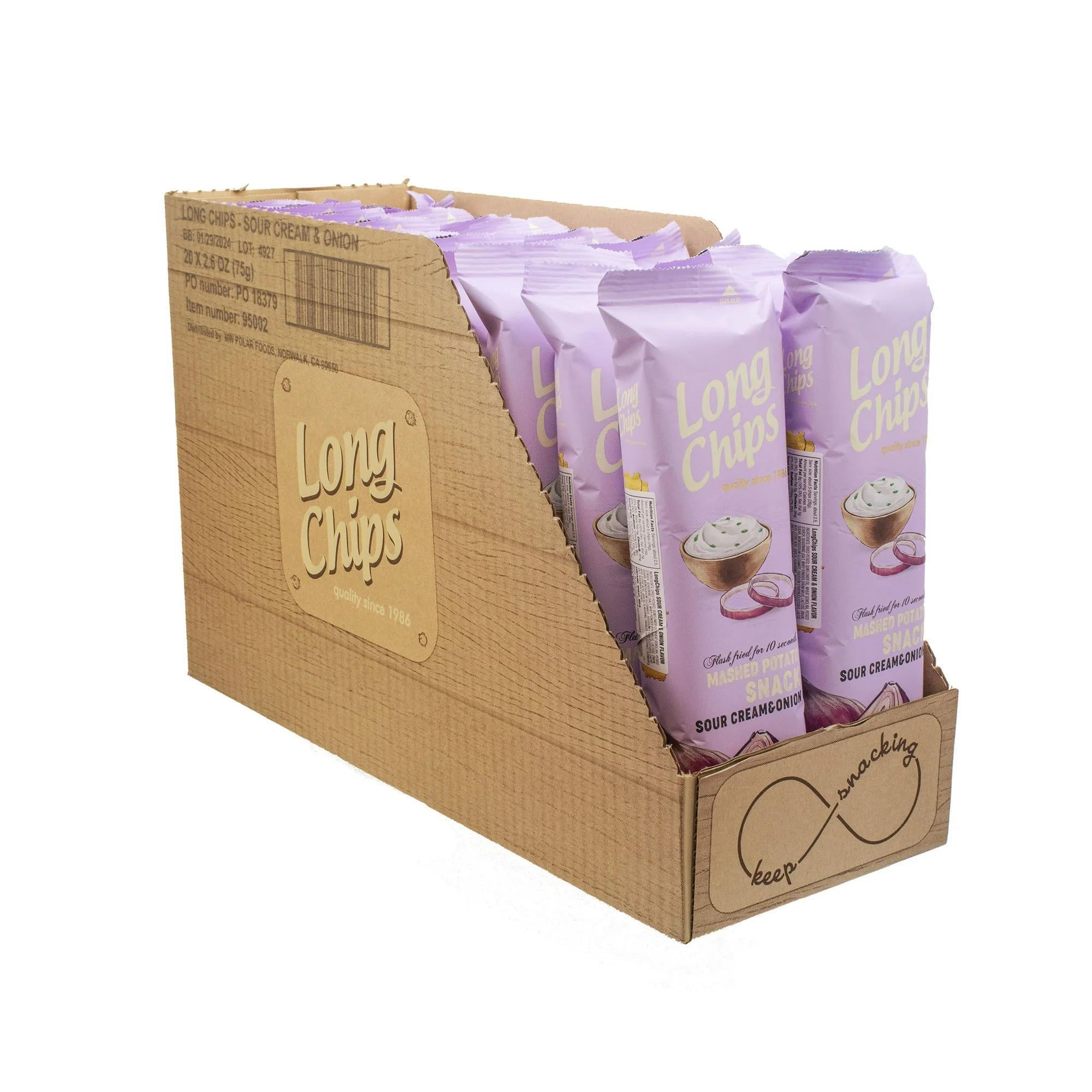 Long Chips Ekşi Kremalı ve Soğanlı Cips | Uzun Cips | Az Yağlı | Letonya Ürünü | 75 g x 20 Adet