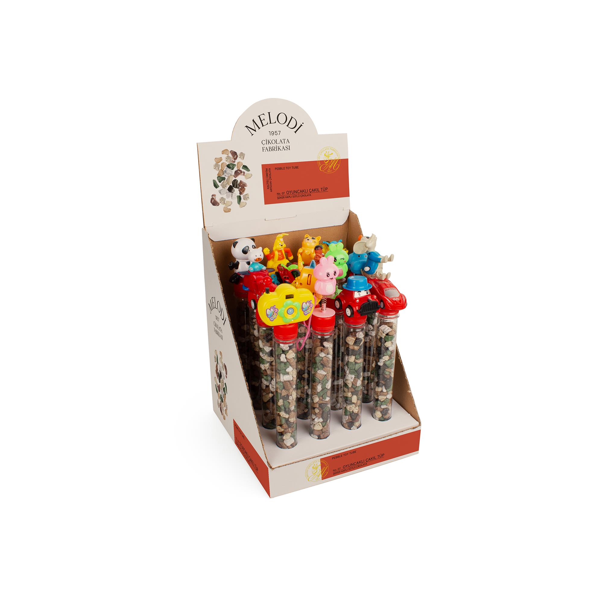 Melodi Oyuncaklı Çakıl Tüp | Renkli Şeker Kaplı Sütlü Çikolata | Hediye Etmek İçin İdeal | 85g x 16 Adet