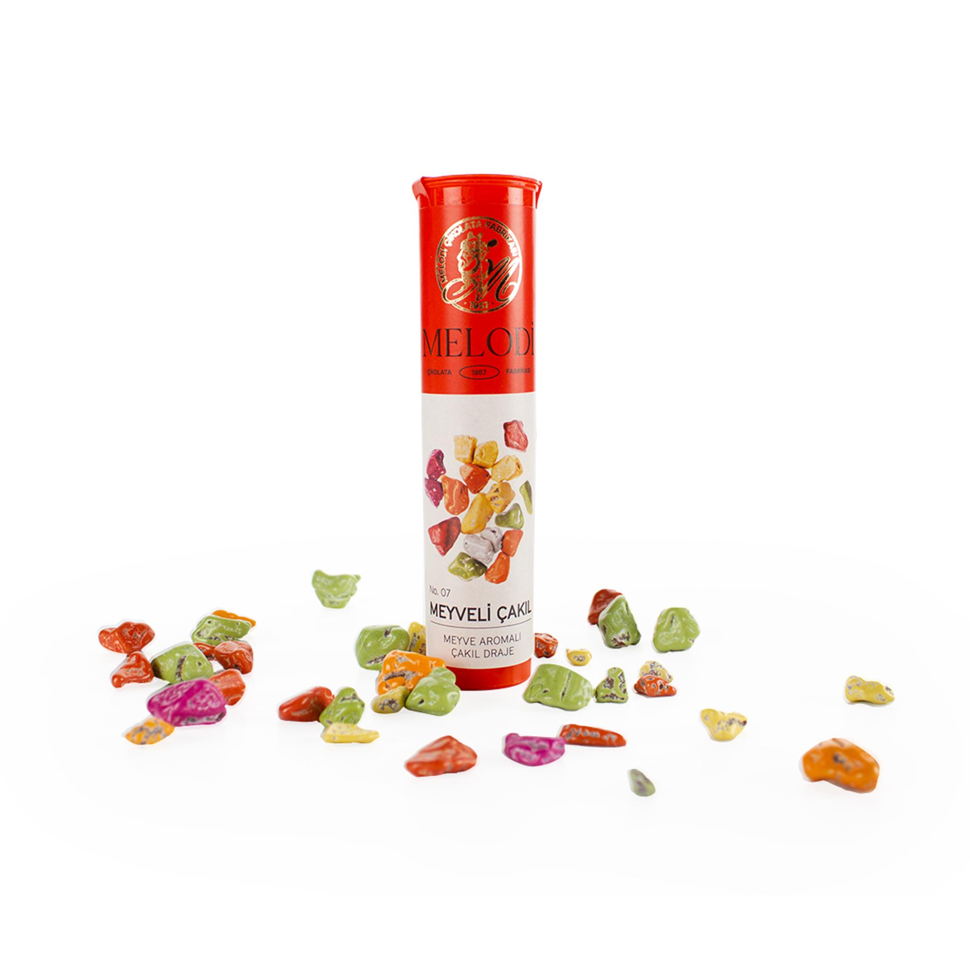 Melodi Resital Meyveli Çakıl Tüp | Renkli Şeker Kaplı Meyve Aromalı Draje 20g