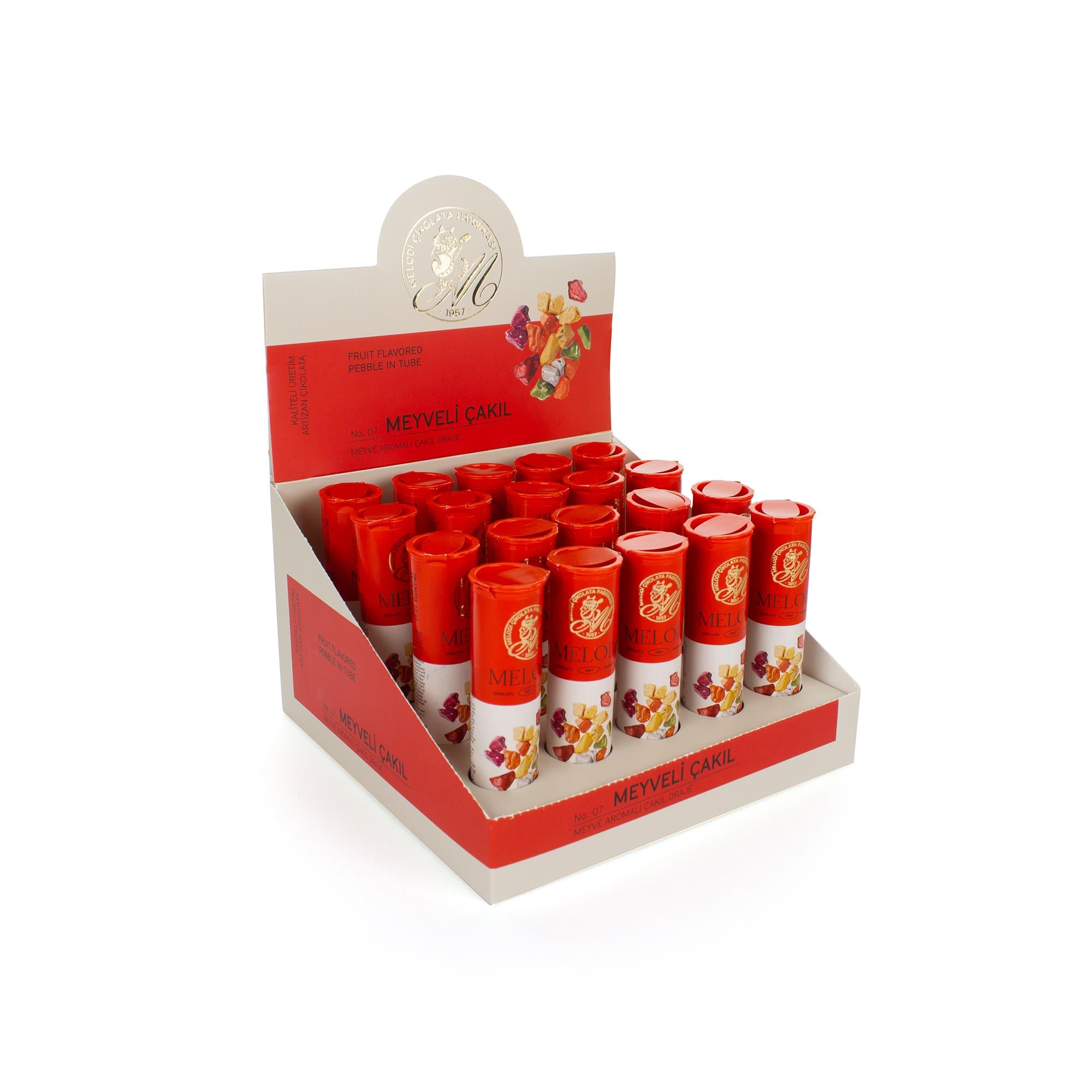 Melodi Resital Meyveli Çakıl Tüp | Renkli Şeker Kaplı Meyve Aromalı Draje 20g x 20 Adet