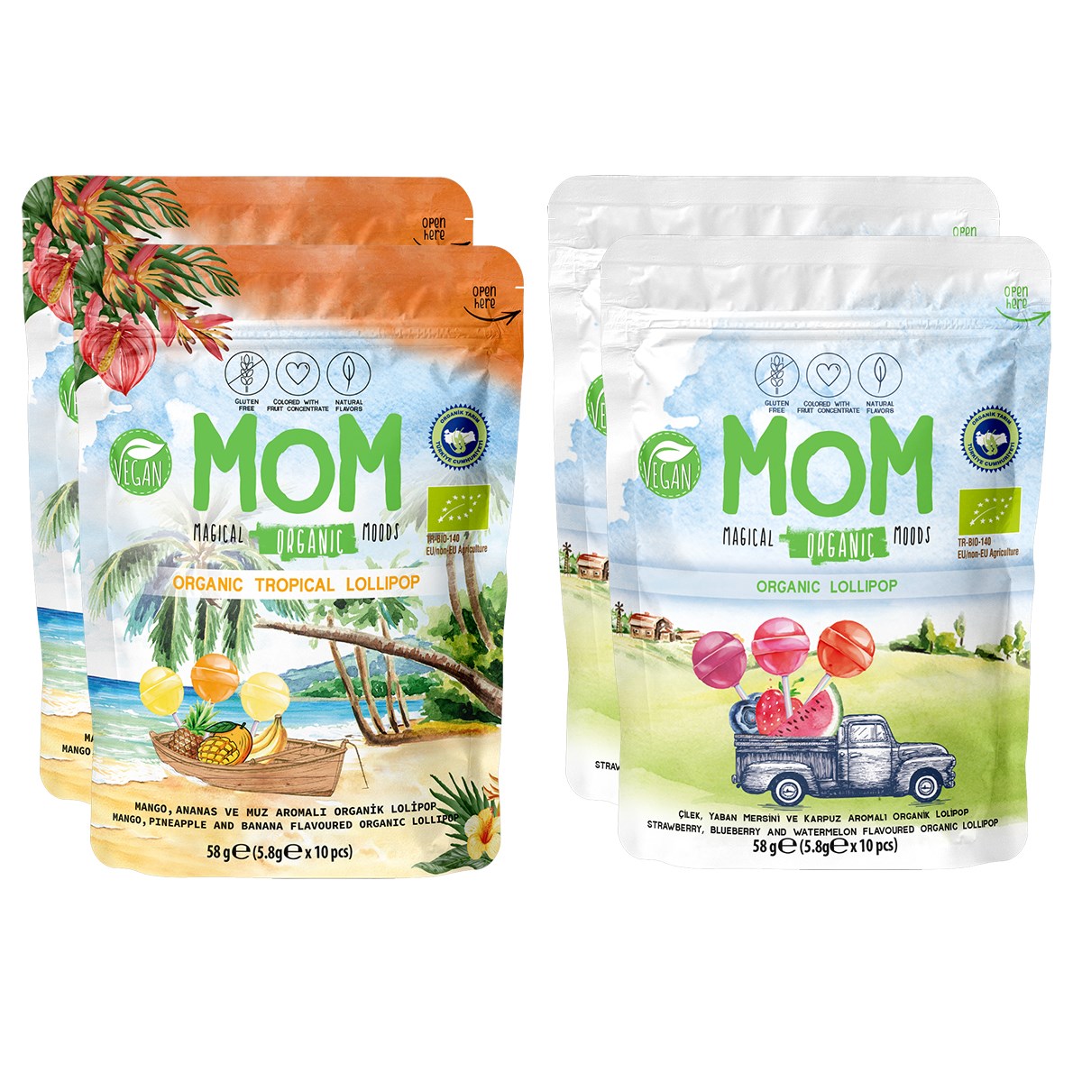 MOM Organik Karışık Meyveli ve Tropikal Lolipop 4'lü Avantaj Seti (Vegan, Glutensiz) - 40 Adet