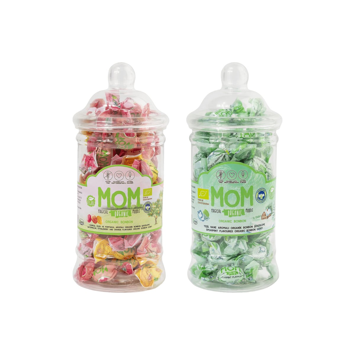 MOM Organik Meyve Aromalı ve Yeşil Nane Aromalı Bonbon Şeker 126 g Plastik Kavanoz