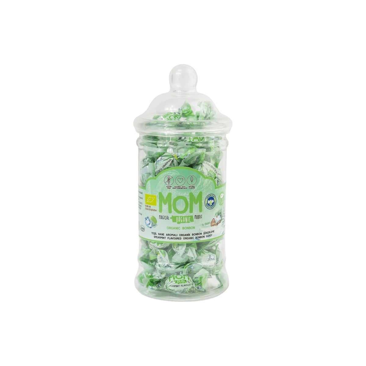 MOM Organik Yeşil Nane Aromalı Bonbon Şeker 126 g Plastik Kavanoz