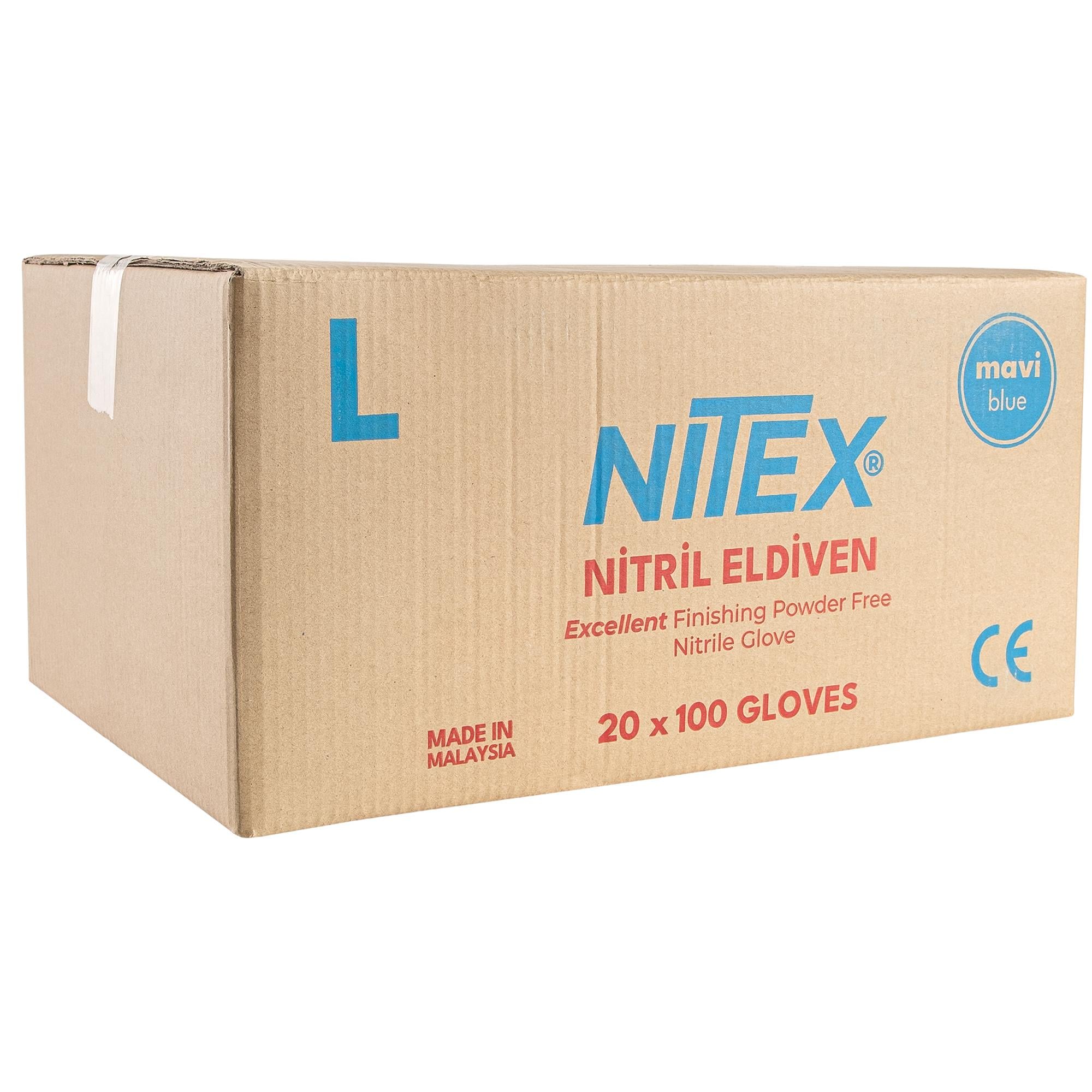 NITEX Pudrasız Mavi Nitril Eldiven L Beden - 20 Kutu (1 Koli - 2000 Adet)