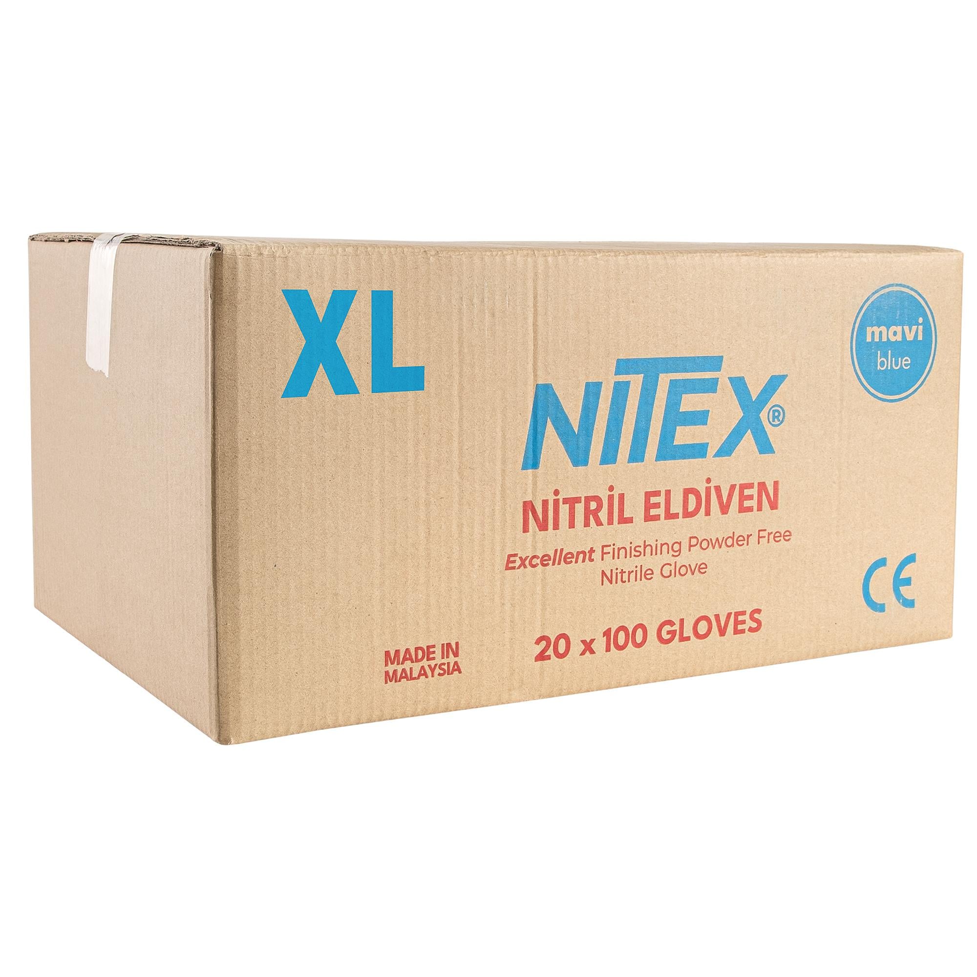 NITEX Pudrasız Mavi Nitril Muayene Eldiveni XL Beden (20 Kutu - Koli Satışı)