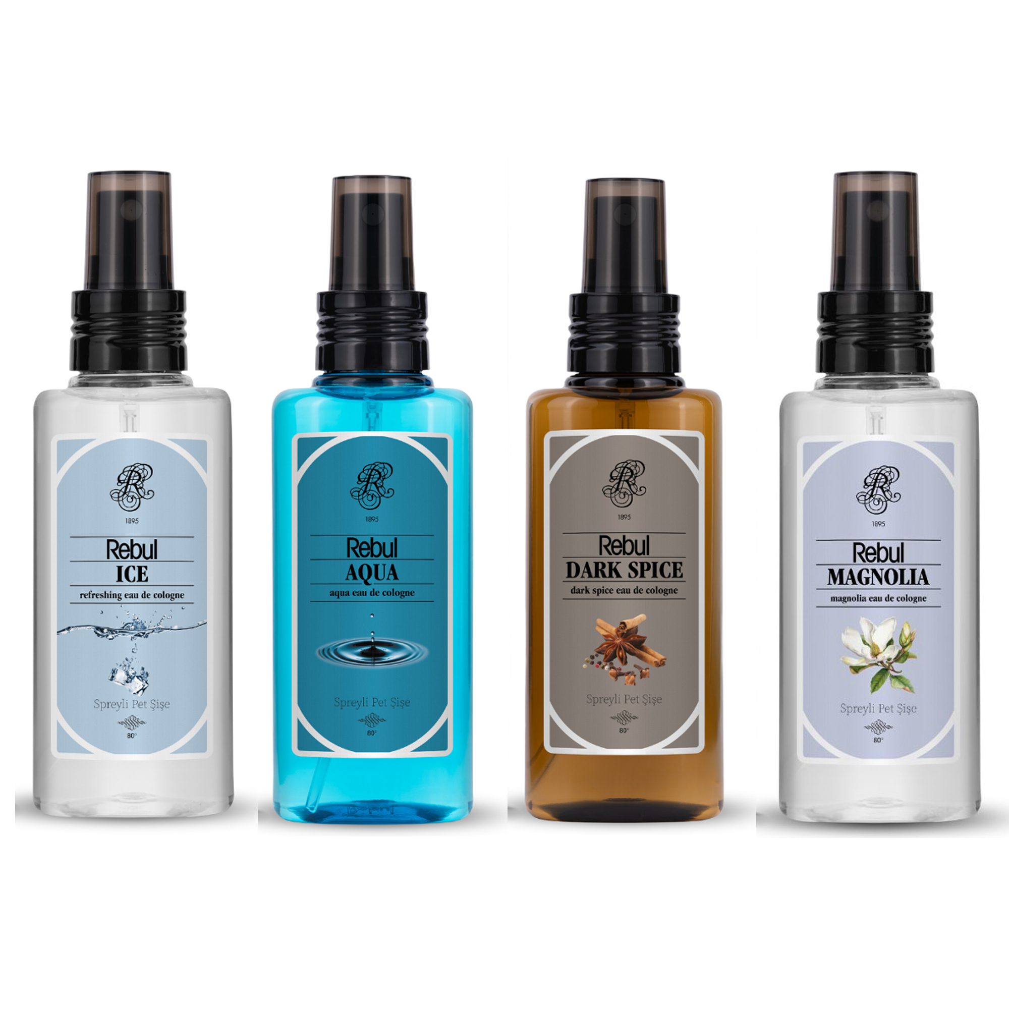 Rebul 4'lü Sprey Kolonya Seti 125 ml (Ice, Aqua, Dark Spice, Magnolia) 80 Derece