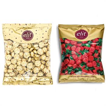 Elit Altın Yaldızlı Sütlü Çikolatin ve Çilek Dolgulu Şeker 1 Kg Glutensiz