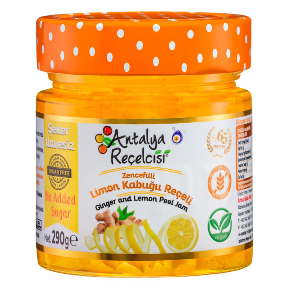 Antalya Reçelcisi Şeker İlavesiz Zencefilli Limon Kabuğu Reçeli 290g Cam Kavanoz