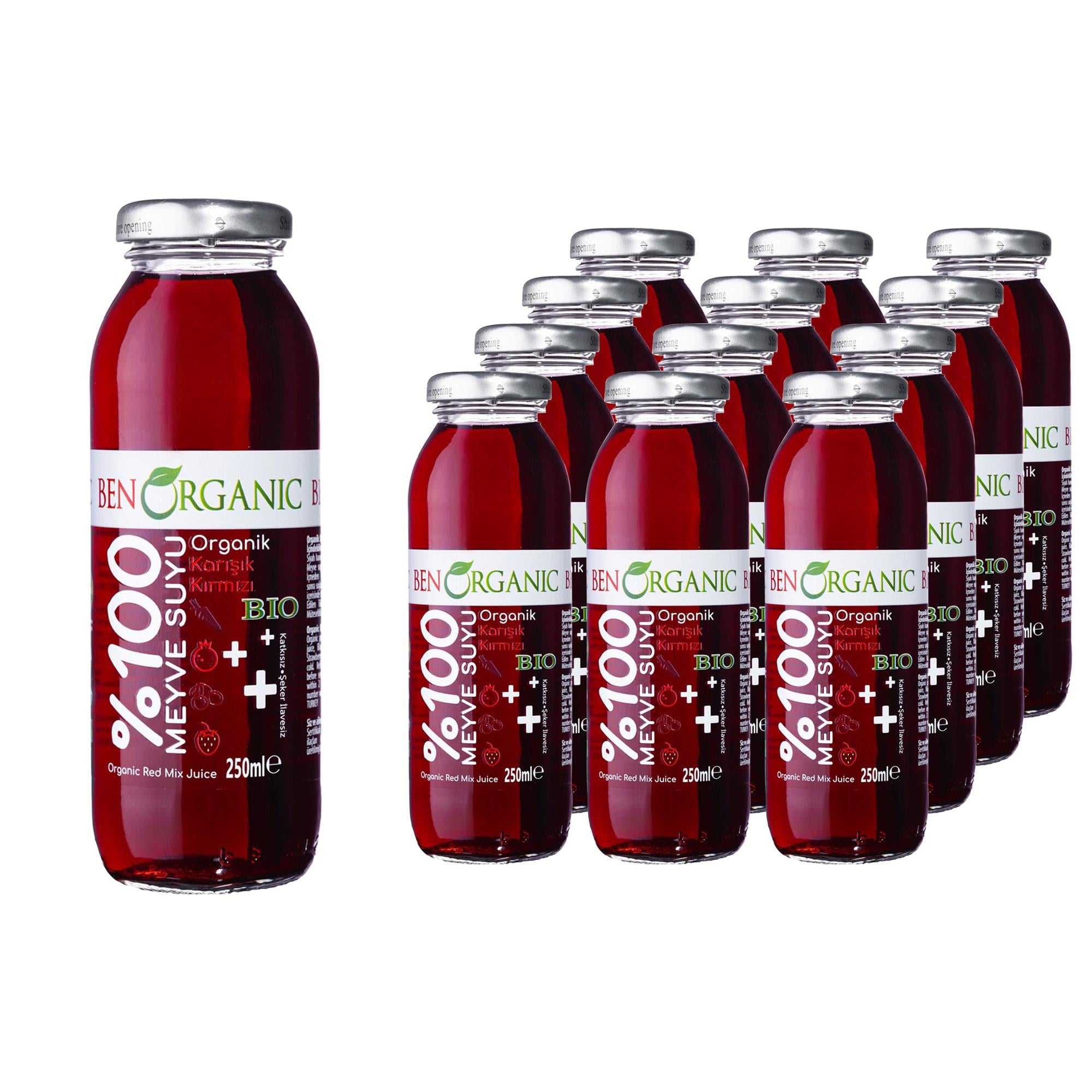 BENORGANIC Organik Karışık Kırmızı Meyve Suyu 250 ml x 12 Adet Cam