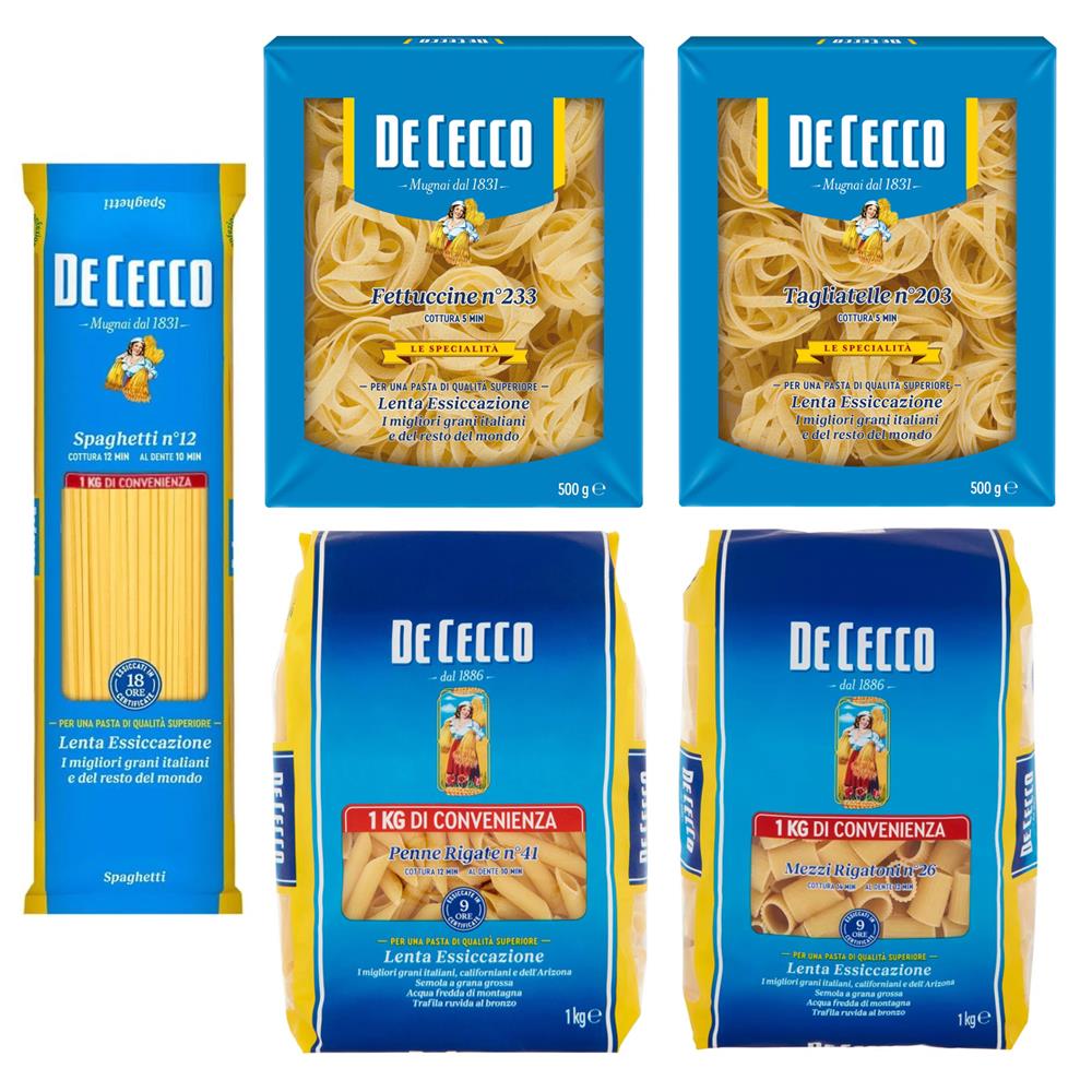 De Cecco Makarna Çeşitleri Deneme Seti 4Kg: Spagetti - Fettucini - Tagliatelli - Rigatoni - Penne Rigate