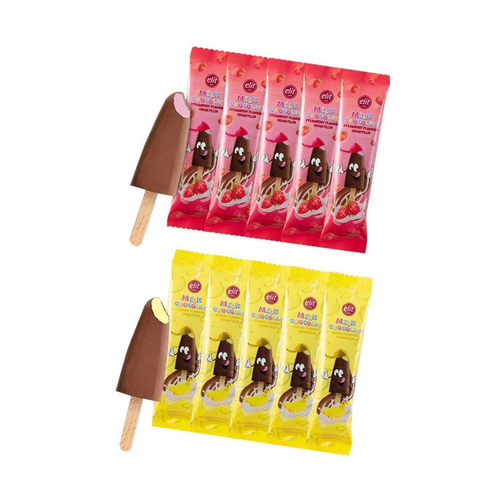 Dondurma Çubuğunda Muzlu ve Çilek Krema Dolgulu Sütlü Çikolata 30g 10'lu Set - Glutensiz