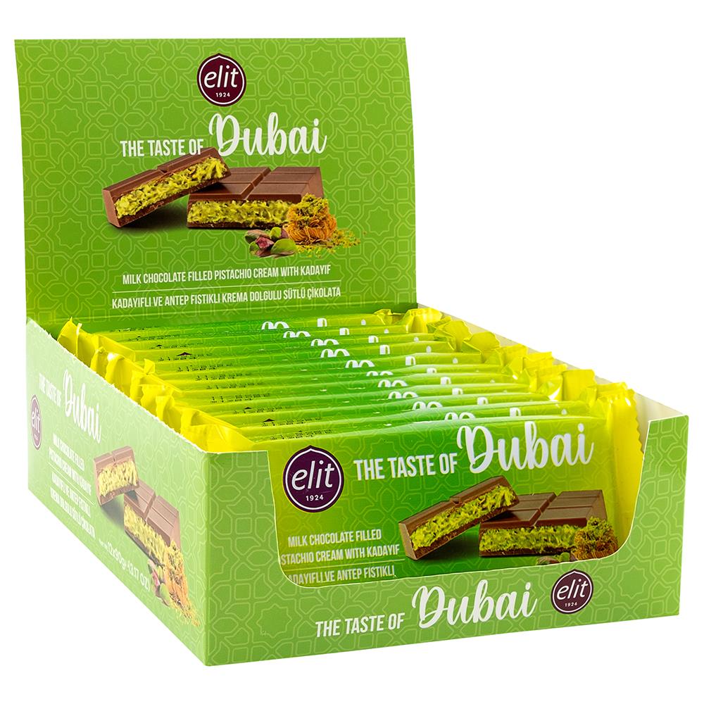 Elit Dubai Çikolatası Kadayıflı ve Antep Fıstıklı 90g x 12 Adet