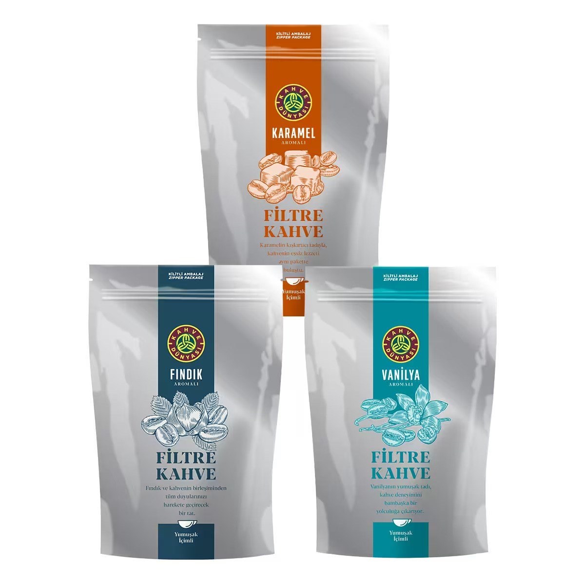 Kahve Dünyası Aromalı Filtre Kahve 3'lü Set 750 g (Fındık + Vanilya + Karamel) – Öğütülmüş