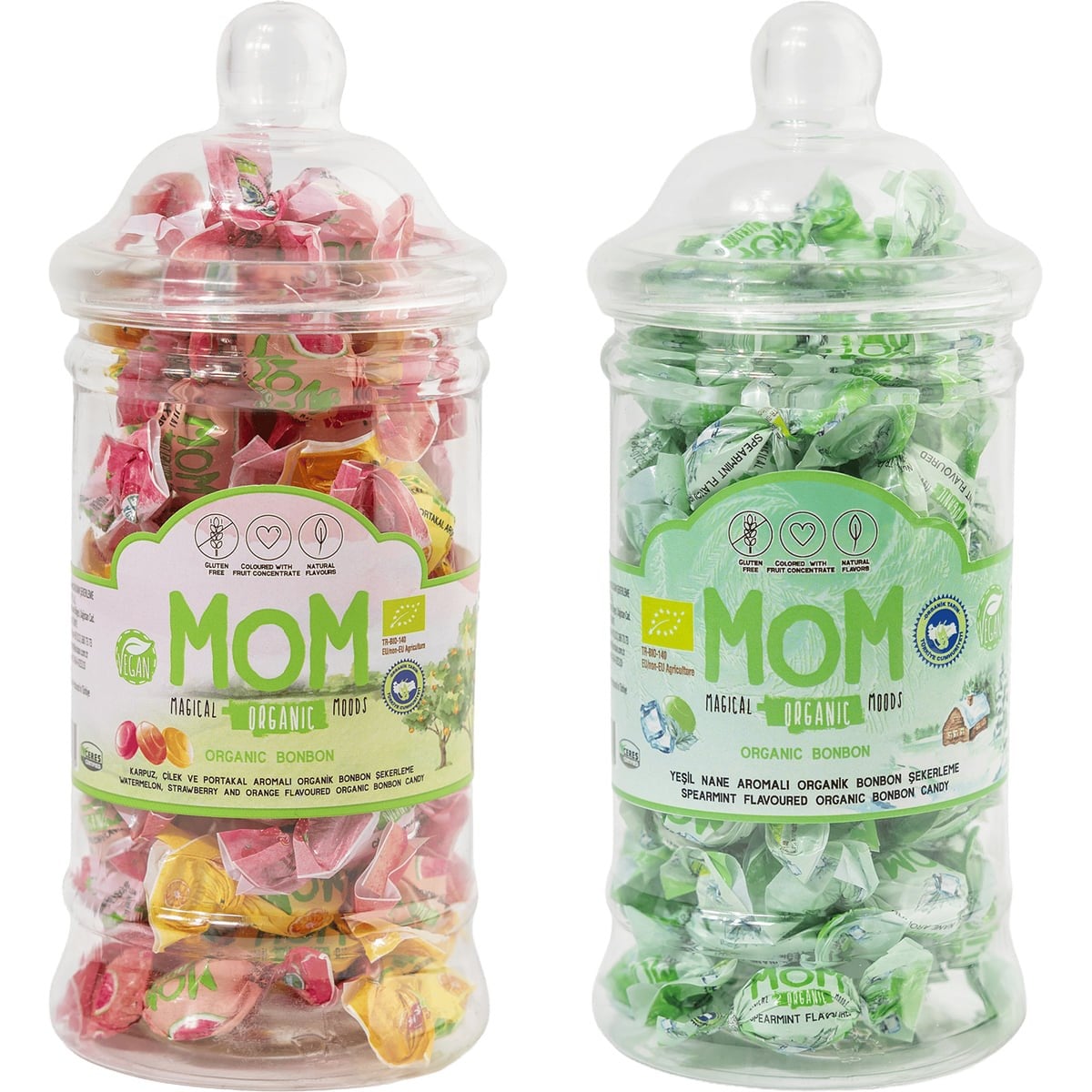 MOM Organik Meyve Aromalı ve Yeşil Nane Aromalı Bonbon Şeker 126 g Plastik Kavanoz