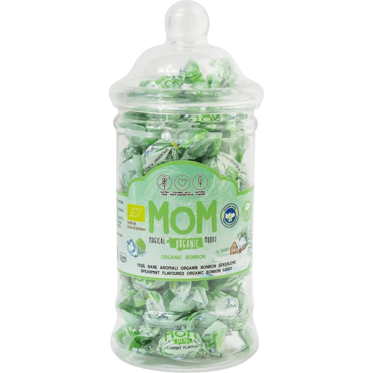 MOM Organik Yeşil Nane Aromalı Bonbon Şeker 126 g Plastik Kavanoz