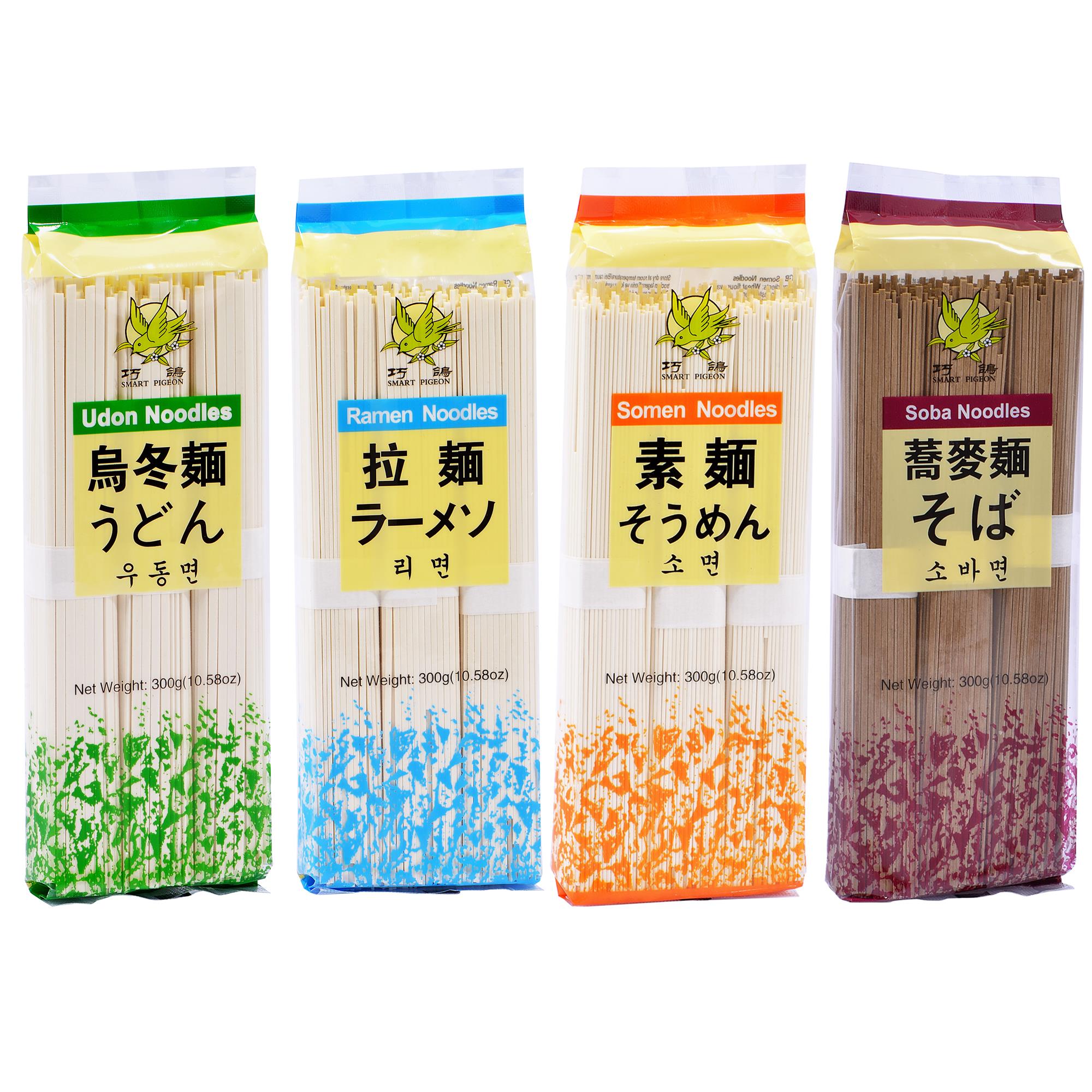 SMART PIGEON Noodle Erişte Çeşitleri | 4 Çeşit | Udon – Ramen - Somen – Soba – Noodle Erişteleri | 300 G