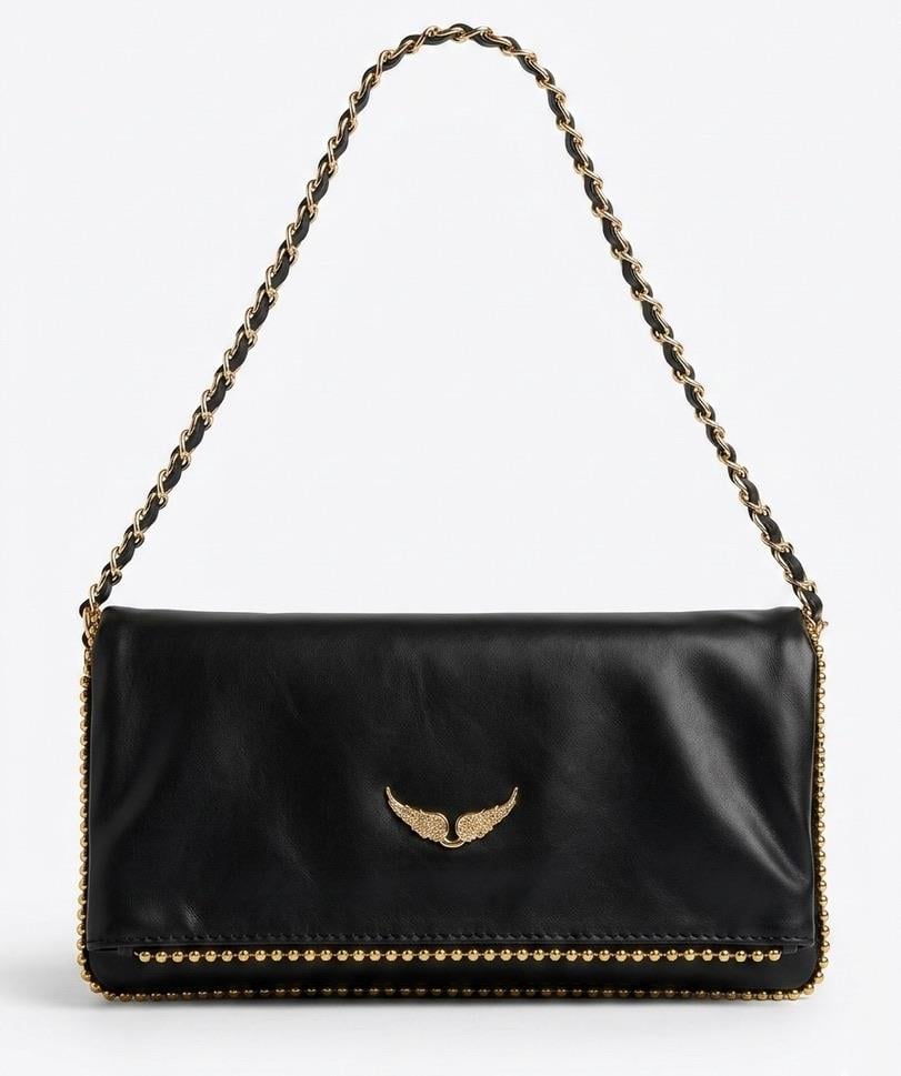 Altın Zımba ve Logo Detaylı Siyah Clutch Çanta