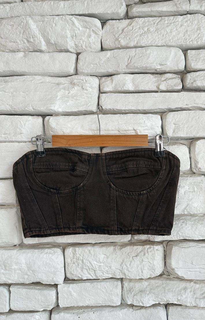 Büstiyerli Denim Crop Yelek İkili Takım