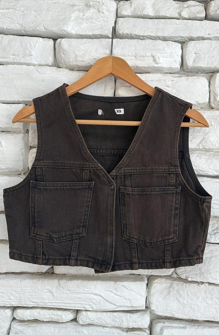 Büstiyerli Denim Crop Yelek İkili Takım