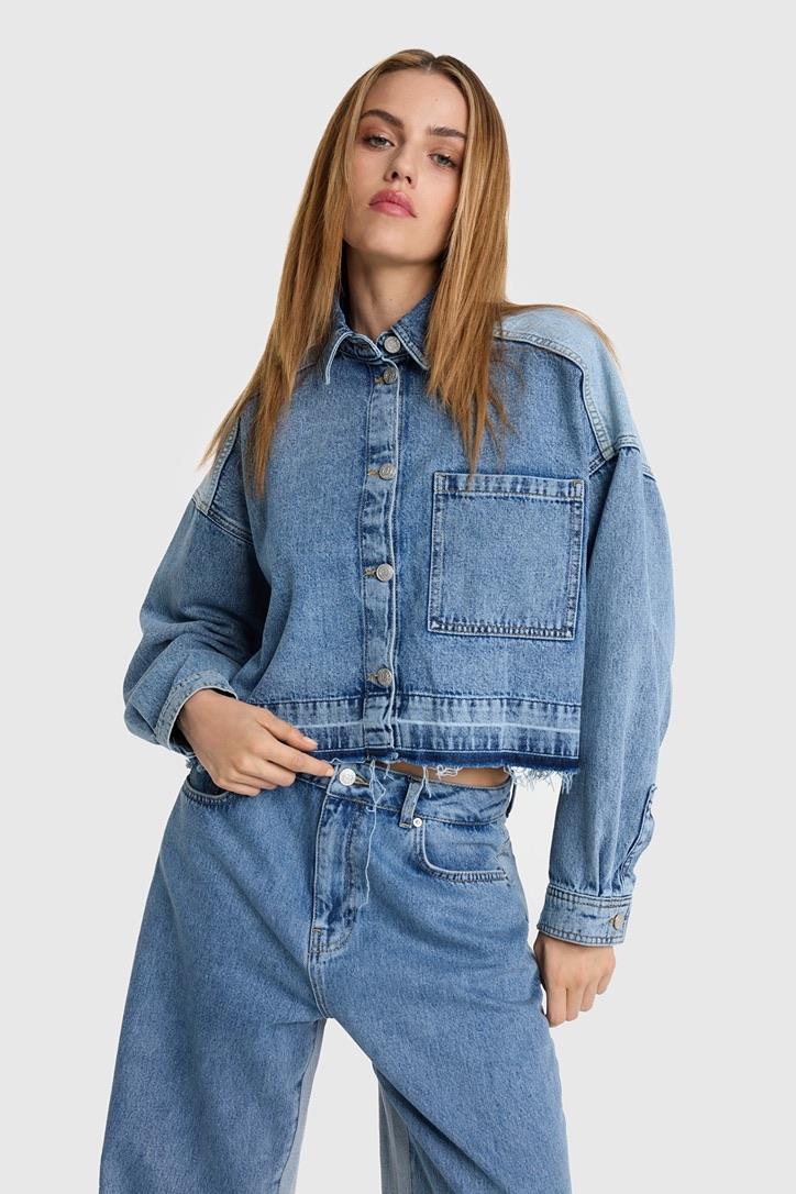 Çift Renk Detaylı Denim Kot Ceket & Pantolon Takım
