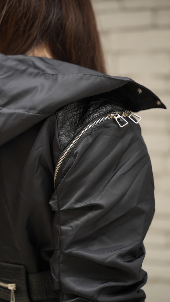 Çoklu Fermuar ve Deri Detaylı Bomber Crop Ceket