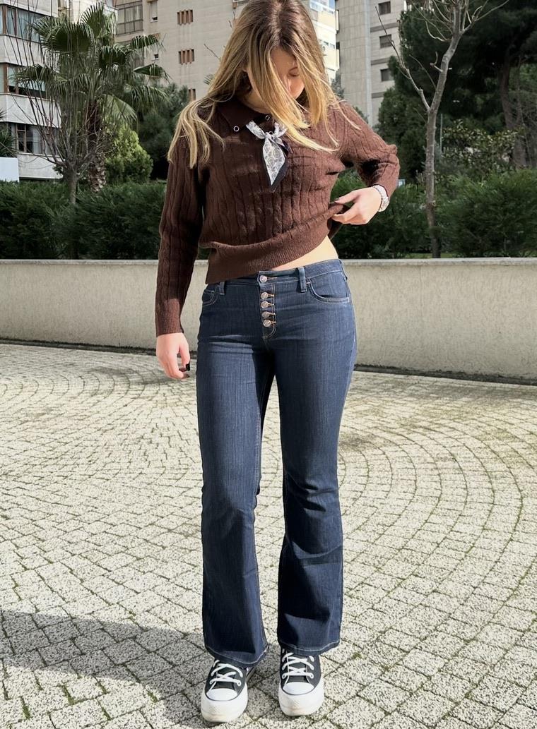Lacivert Low Waisted Düğme Detaylı Bootcut Jean