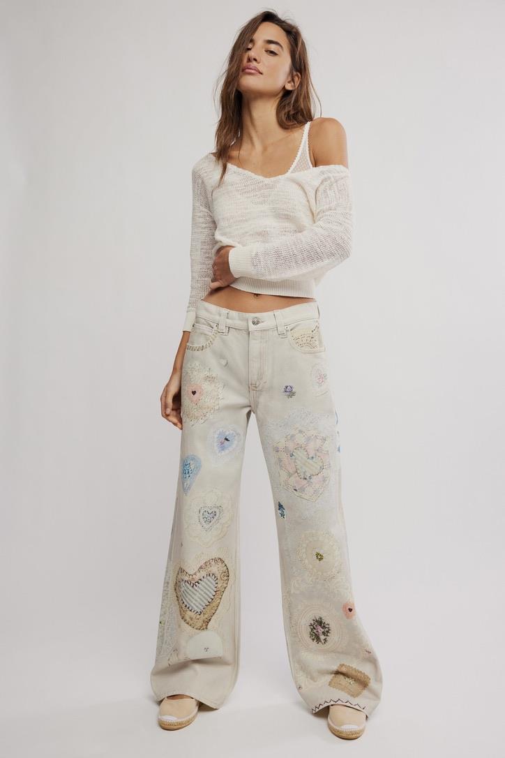 Fildişi Eskitme ve Yama Detaylı Wide Leg Jean