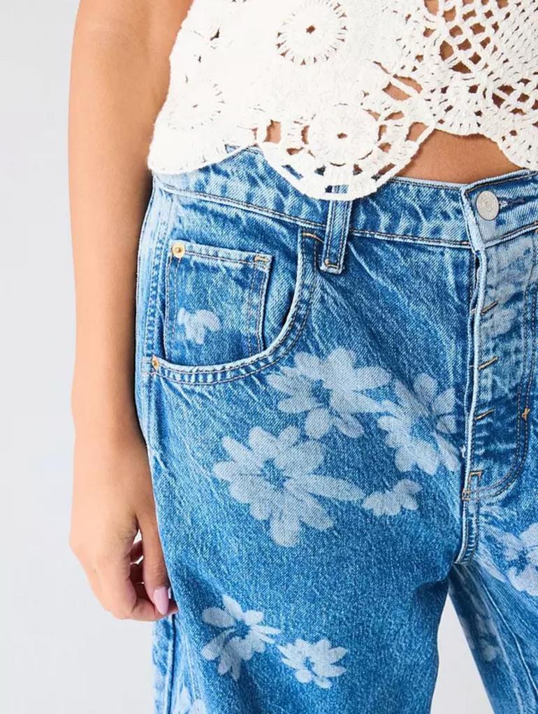 Koyu Lacivert Çiçek Baskılı Barrel Jean